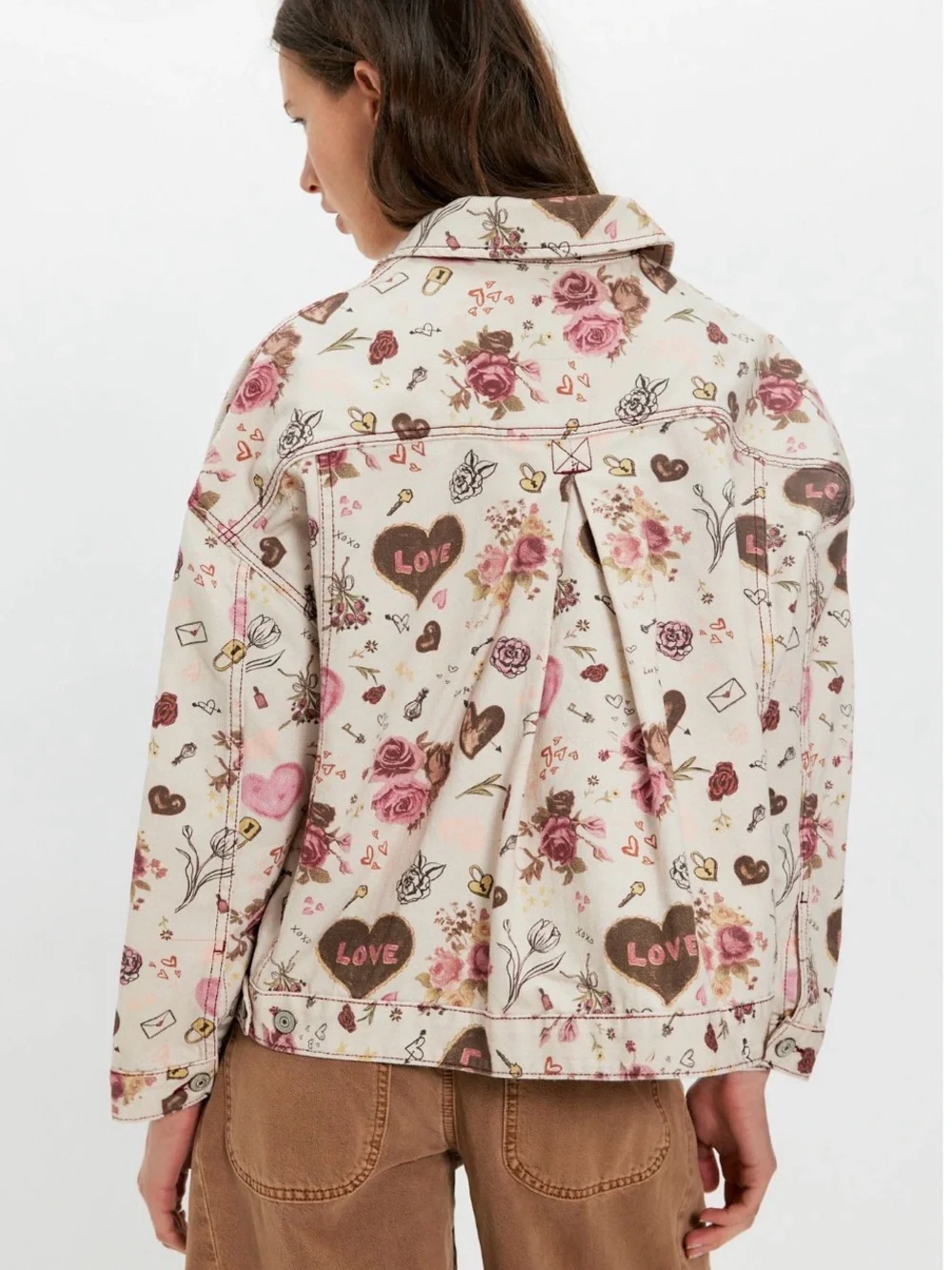 NWT Free People Opal Swing Printed Denim Jacket XS Tea Combo Floral Hearts - Picture 3 of 4